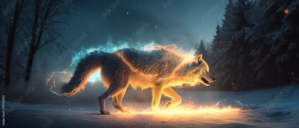 Poster a wolf is walking through the snow in front of a forest. ai generative image