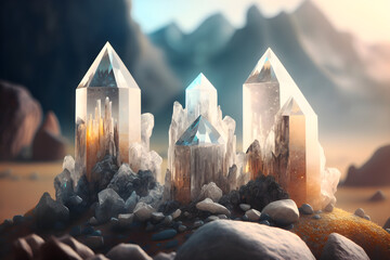 quartz gemstones towers on mysterious, yoga, spiritual, meditation - obrazy, fototapety, plakaty