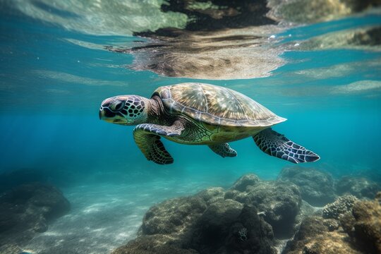Underwater swimming sea turtle igital illustration in a photographic style, marine nature photography, made in part with generative ai.
