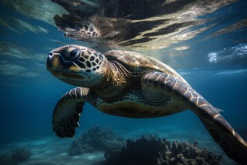 Underwater swimming sea turtle igital illustration in a photographic style, marine nature photography, made in part with generative ai.
