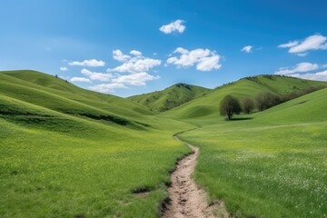 Fototapeta premium serene countryside landscape with a dirt road cutting through a vibrant green field. Generative AI