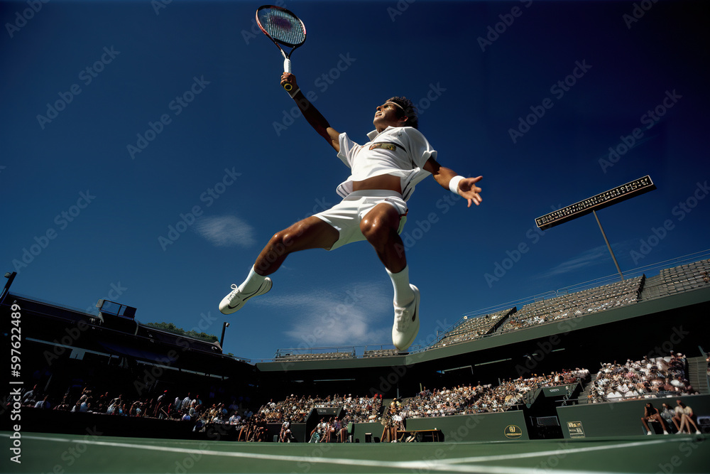 Poster a tennis player jumping in the air with a racket. ai generative image