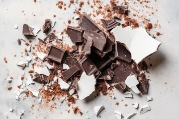 Fototapeta premium heap of shattered chocolate fragments resting on a wooden surface. Generative AI