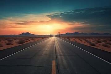 White Road in Desert at Sunset in Dark Turquoise and Orange Style.Generative AI illustration