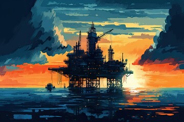Oil Rig by Ludacris in Atmospheric Color Washes with Detailed Character Illustrations.Generative AI illustration