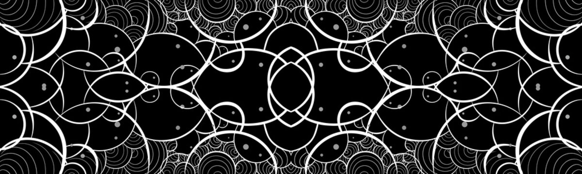 Abstract seamless linear pattern of white shapes resembling bubbles on a black background. Bicolor composition. Vector illustration, EPS 8. Image for wallpapers, printing and textiles.