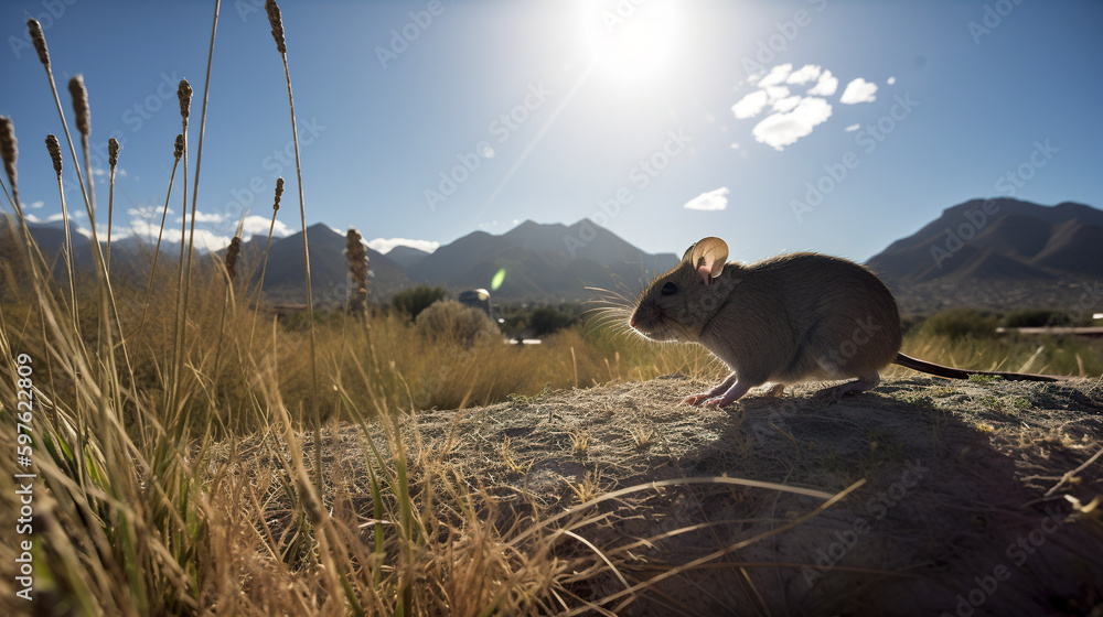 Poster a mouse sitting on top of a rock in a field. ai generative image