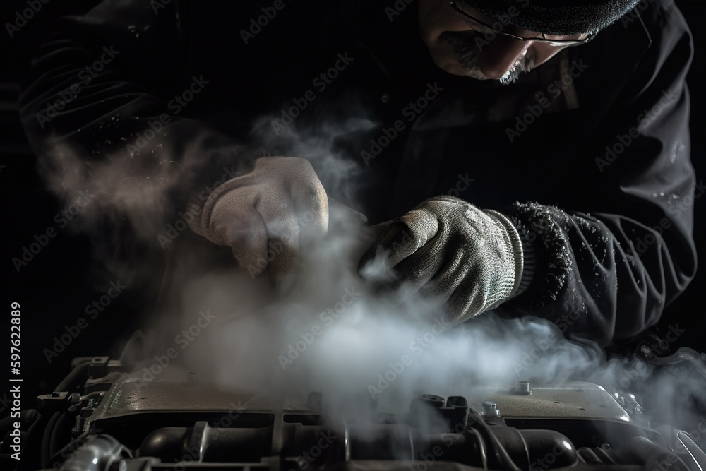 Poster a man working on a car engine in the dark. ai generative image