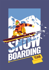 Skiing or snowboarding freestyle winter jump illustration. vector snowboard sports poster. professional skiing club or team design