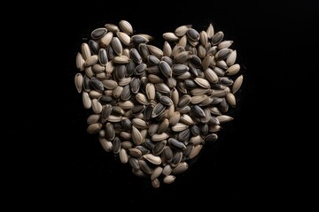 Heart shaped sunflower seeds on a black background - generative ai