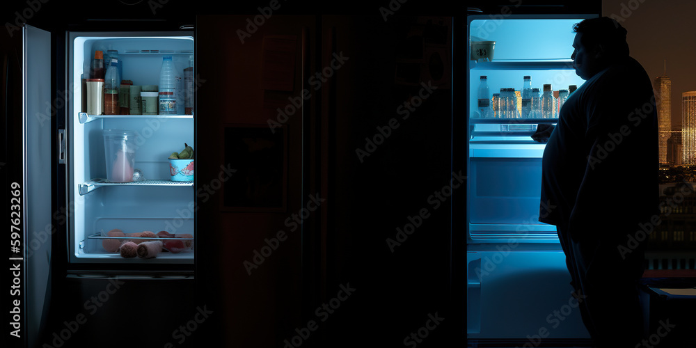 Poster a man standing in front of an open refrigerator. ai generative image