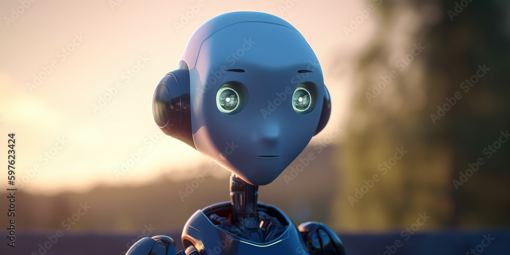 Poster a robot with glowing green eyes is looking at the camera. ai generative image