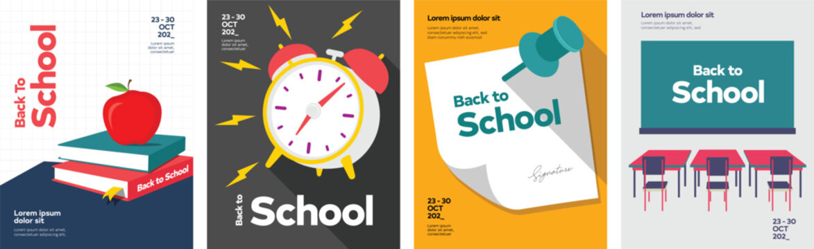 Back to school posters, school graphics, notice board, thumb pin, class room, alarm clock school illustration. Set of flat vector illustrations and objects on school theme.