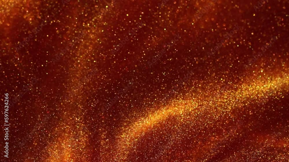 Poster falling gold particles in red liquid. gold dust particles floating in red fluid. beautiful luxe shin