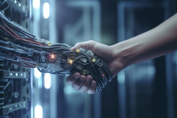 The Future of Business Partnerships: A Robot and Human Handshake close up - Generative Ai