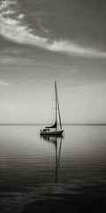  white image of a lone sailboat on a calm sea. AI generative
