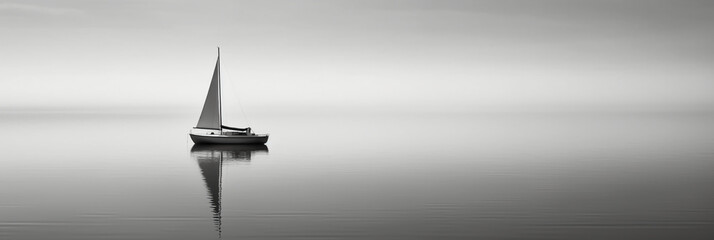  white image of a lone sailboat on a calm sea. AI generative - obrazy, fototapety, plakaty