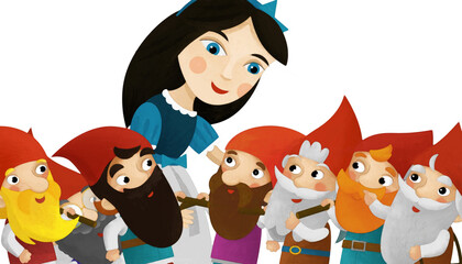 Naklejka premium cartoon scene with princess and dwarfs on white background illustration