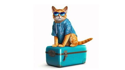 funny cat going on vacation. Funny cat in a blue sweatshirt and sunglasses. generative ai
