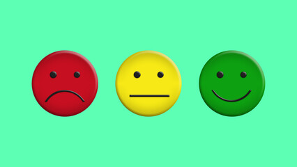 Feedback. Smileys in red, yellow and green, isolated on Green background.