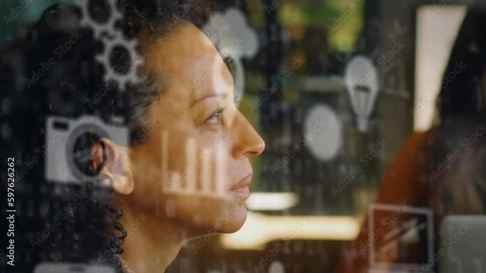 Poster animation of multiple icons over binary codes against thoughtful biracial woman at office