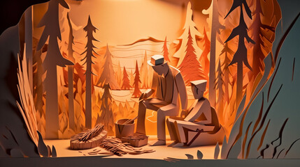 Fathers and Sons - A Father and a Son Go Camping in Front of a Glowing Fire in Nature - Fathers Day Theme in 3D Paper Cutout Style - Generative AI