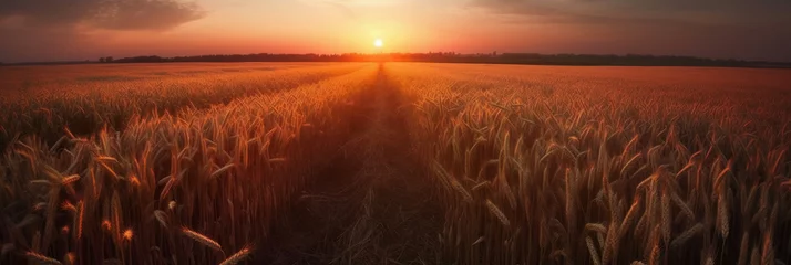 Photo sur Plexiglas Rouge violet Beautiful colorful natural panoramic landscape with a field of ripe wheat in the rays of setting sun. Natural sunset in golden and pink colors. AI generative