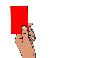 The hand of the football (soccer) referee giving a red card. Permanent exclusion of a player from the match due to a serious offense and unsportsmanlike conduct