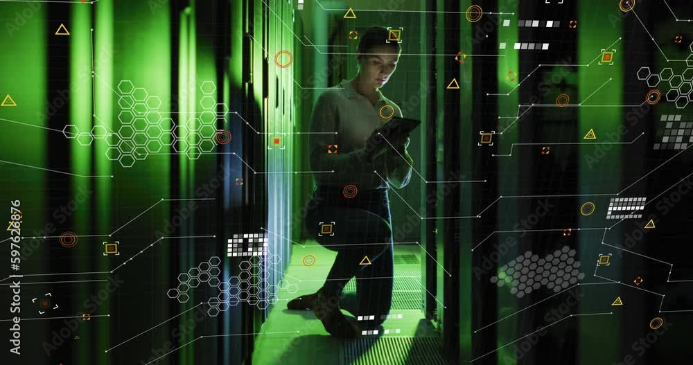 Poster animation of data processing over caucasian female it technician by computer servers
