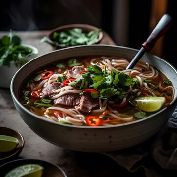 Vietnamese beef pho with noodles in a flavorful broth