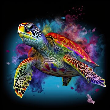 Beautiful colored turtle swimming under water