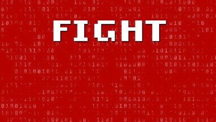 Animation of fight text over looping binary codes against red background - Powered by Adobe