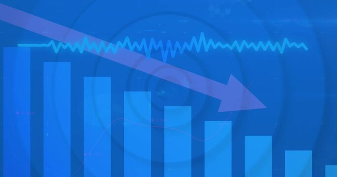 Animation of arrow on graph and soundwave over circular tunnel against blue background