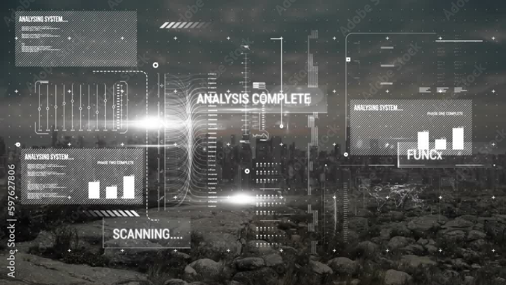 Poster animation of multiple graphs, text and computer language over modern cityscape against sky