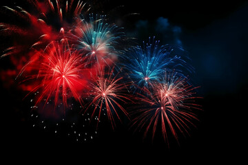 Fototapeta na wymiar Blue, red, white, firework, Independence Day Abstract Poster background, copyspace. AI generative