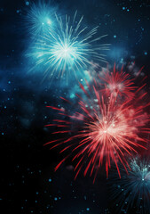 Fototapeta premium Blue, red, white, firework, Independence Day Abstract Poster background, copyspace. AI generative