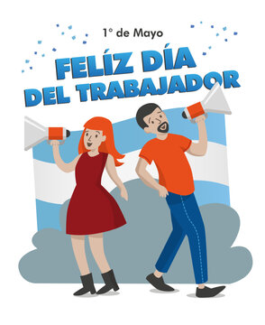 Dos personas con megáfono. Festejos por el 1 de Mayo día del trabajador en Argentina.