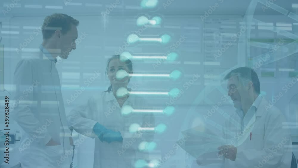 Aufkleber animation of dna helix and bars over diverse scientists discussing reports in laboratory