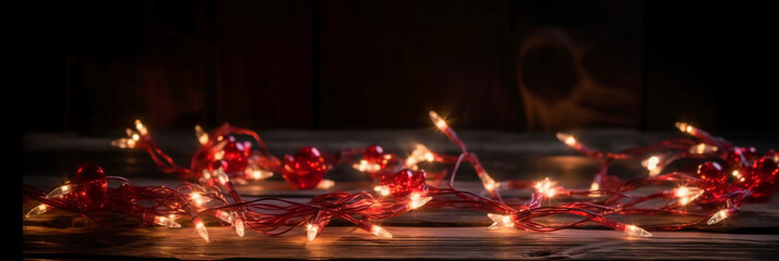 Christmas background with blue light luminous garlands and red stars on a white wooden background with copy space. AI generative