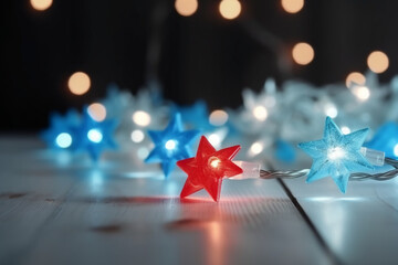 Christmas background with blue light luminous garlands and red stars on a white wooden background with copy space. AI generative