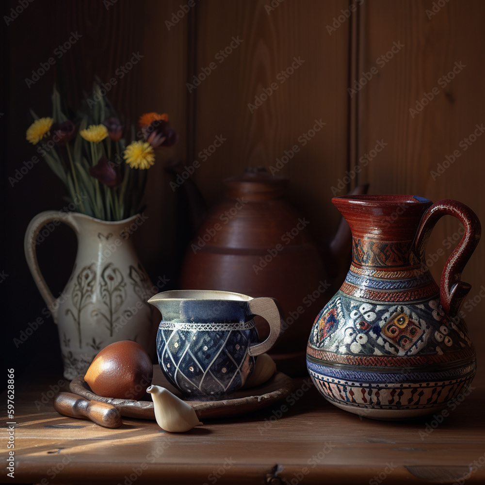 Aufkleber a table topped with vases filled with flowers. ai generative image