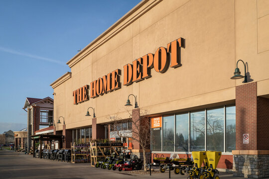 Fort Collins, CO, USA - April 26, 2023: Entrance sign for The Home Depot, the largest home improvement retailer in the USA.