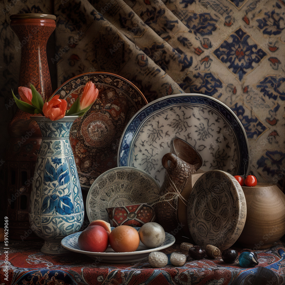 Poster a table topped with plates and vases filled with flowers. ai generative image