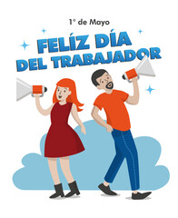 Personas con megáfono celebrando el 1 de Mayo día del trabajador