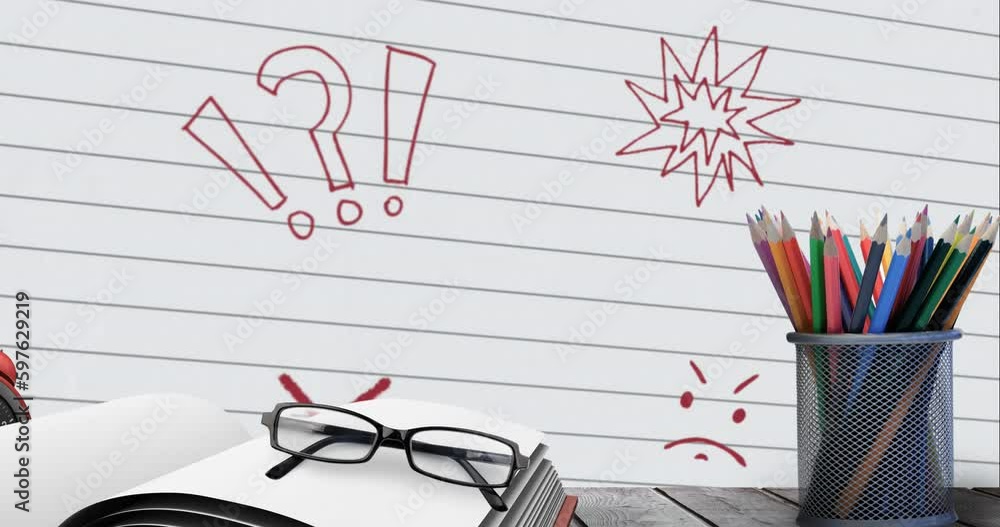 Poster animation of spectacles on book with color pencils on table over symbols on white paper