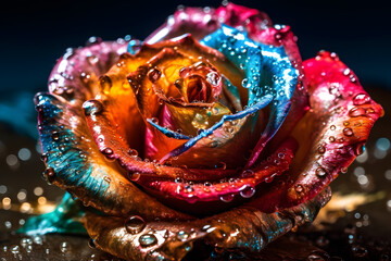 Rainbow rose with dew drops. Neural network AI generated art