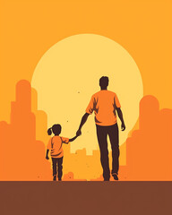 Father and Child Holding Hands as they Walk Together - Pop Art Orange Color Tone Fathers Day Vector Theme - Generative AI