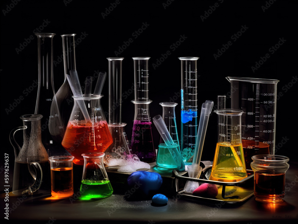 Aufkleber a group of beakles filled with different colored liquids. ai generative image