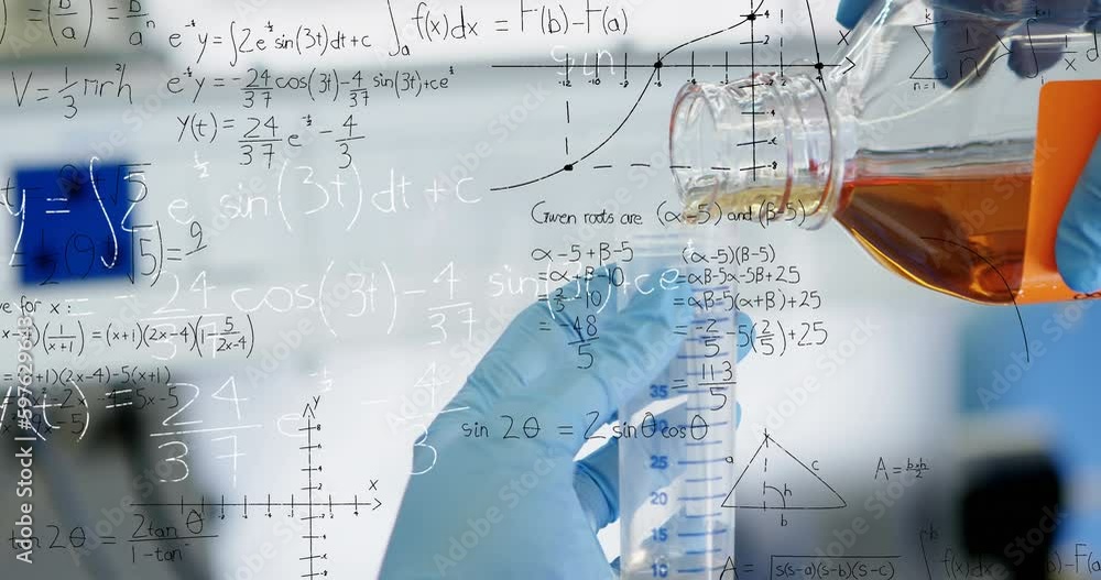 Poster animation of mathematical equations on mid section of scientist performing experiment at laboratory
