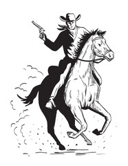 Comics style drawing or illustration of a cowboy with pistol riding a galloping horse viewed from the front on isolated background in black and white retro style.